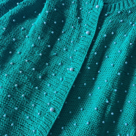 Vintage 80s Hand Knit Green Pearl Embellished Elegant Twinset S/M - Picture 8 of 16